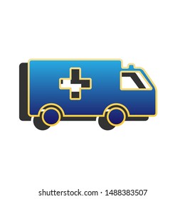 Ambulance sign illustration. Blue icon with gold contour with dark gray shadow at white background. Illustration.