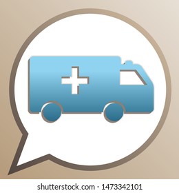 Ambulance sign illustration. Bright cerulean icon in white speech balloon at pale taupe background. Illustration.