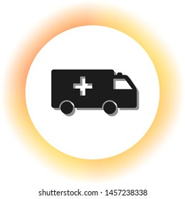 Ambulance sign illustration. Dark icon with shadow on the glowing circle button. Illustration.
