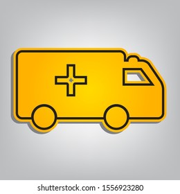 Ambulance sign illustration. Flat orange icon with overlapping linear black icon with gray shadow at whitish background. Illustration.