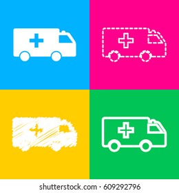 Ambulance sign illustration. Four styles of icon on four color squares.