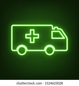 Ambulance sign illustration. Green neon icon in the dark. Blurred lightening. Illustration.