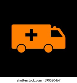 Ambulance sign illustration. Orange icon on black background.