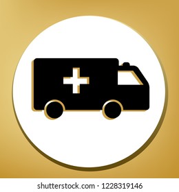 Ambulance sign illustration. Vector. Black icon with light brown shadow in white circle with shaped ring at golden background.