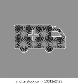 Ambulance sign illustration. Vector. Black maze filled icon with white border at gray background.