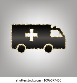 Ambulance sign illustration. Vector. Blackish icon with golden stars at grayish background.