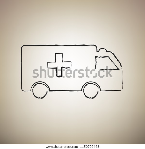 Ambulance sign illustration. Vector. Brush\
drawed black icon at light brown\
background.