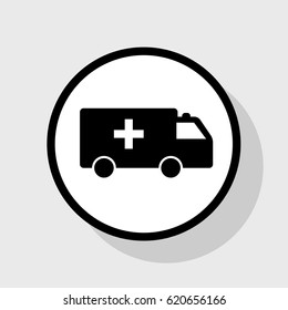 Ambulance sign illustration. Vector. Flat black icon in white circle with shadow at gray background.