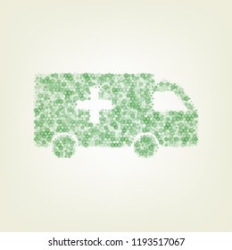Ambulance sign illustration. Vector. Green hexagon rastered icon and noised opacity and size at light green background with central light.