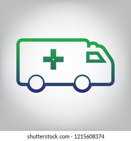 Ambulance sign illustration. Vector. Green to blue gradient contour icon at grayish background with light in center.