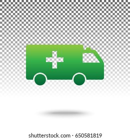 Ambulance sign illustration. Vector. Green gradient icon with shadow at bottom on transparent and white background.