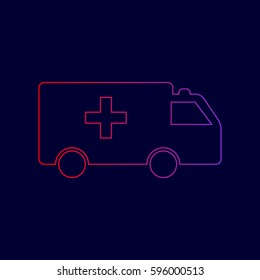 Ambulance sign illustration. Vector. Line icon with gradient from red to violet colors on dark blue background.