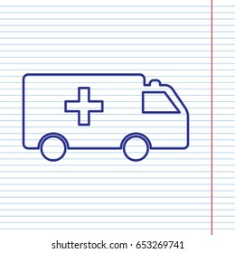 Ambulance Sign Illustration. Vector. Navy Line Icon On Notebook Paper As Background With Red Line For Field.