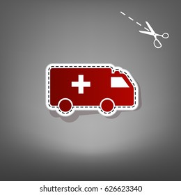 Ambulance sign illustration. Vector. Red icon with for applique from paper with shadow on gray background with scissors.