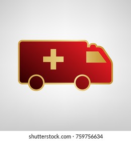 Ambulance sign illustration. Vector. Red icon on gold sticker at light gray background.