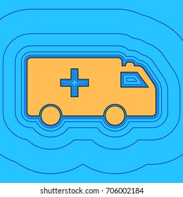 Ambulance sign illustration. Vector. Sand color icon with black contour and equidistant blue contours like field at sky blue background. Like waves on map - island in ocean or sea.