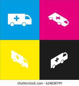 Ambulance sign illustration. Vector. White icon with isometric projections on cyan, magenta, yellow and black backgrounds.