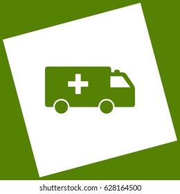 Ambulance sign illustration. Vector. White icon obtained as a result of subtraction rotated square and path. Avocado background.