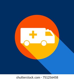 Ambulance sign illustration. Vector. White icon on tangelo circle with infinite shadow of light at cool black background. Selective yellow and bright navy blue are produced.