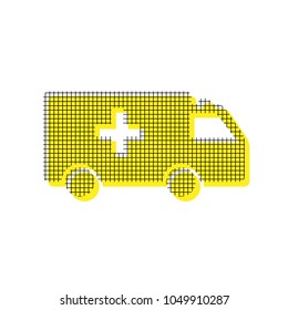 Ambulance sign illustration. Vector. Yellow icon with square pattern duplicate at white background. Isolated.