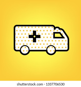 Ambulance sign illustration. Vector. Yellow polka dot white icon with black contour at warm yellow background.