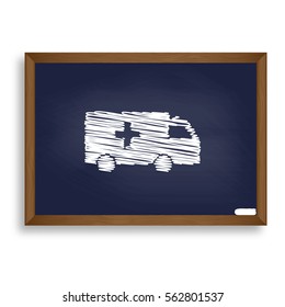 Ambulance sign illustration. White chalk icon on blue school board with shadow as background. Isolated.