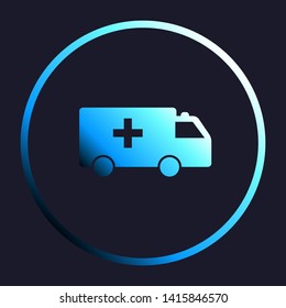 Ambulance sign illustration. White, cyan and blue gradient icon as round button in white shell at dark blue background. Illustration.