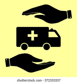 Ambulance sign. Save or protect symbol by hands.