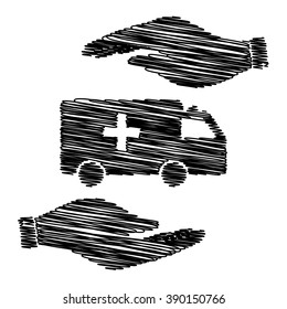 Ambulance sign. Save or protect symbol by hands with scribble effect.
