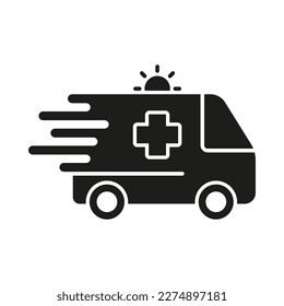 Icono de silueta de ambulancia. Símbolo de transporte rápido paramédico para servicio de primeros auxilios. Pictograma de glifo de emergencia para auto. Icono De Ayuda Médica Urgente. Transporte de pacientes. Ilustración de vectores aislados.