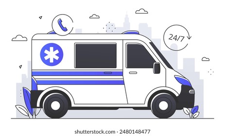 Ambulance simple concept. Medical transport for first aid. Emergency services. Urban infrastructure for citizens. Healthcare and treatment. Linear flat vector illustration isolated on white background