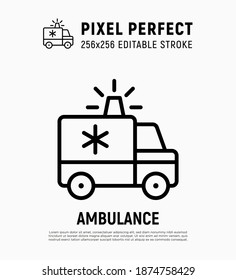 Ambulance with siren. Thin line icon. Medical transport. Emergency. Pixel perfect, editable stroke. Vector illustration.