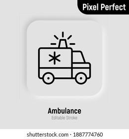 Ambulance with siren. Thin line icon. Medical transport. Emergency. Pixel perfect, editable stroke. Vector illustration.