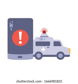 ambulancia con smartphone en diseño de ilustración de vector de fondo blanco