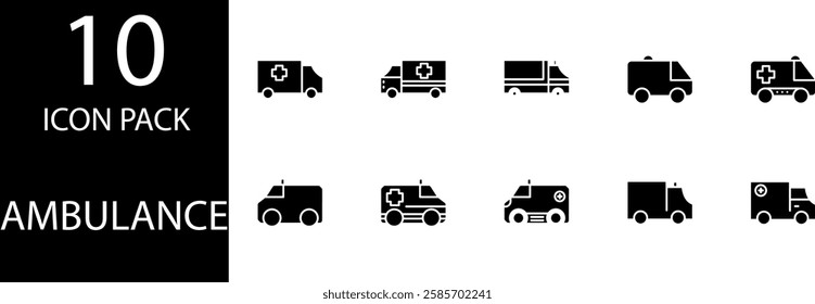 ambulance solid Editable Icons set, Solid ambulance icon set with various additional elements such as siren, stretcher, and medical symbols.