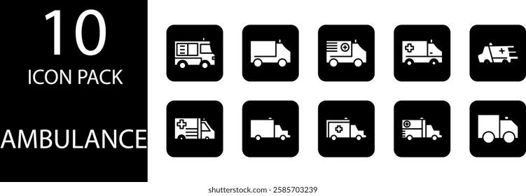 ambulance solid Editable Icons set, Solid healthcare icons with various variations, ranging from emergency ambulances to medical transportation facilities.