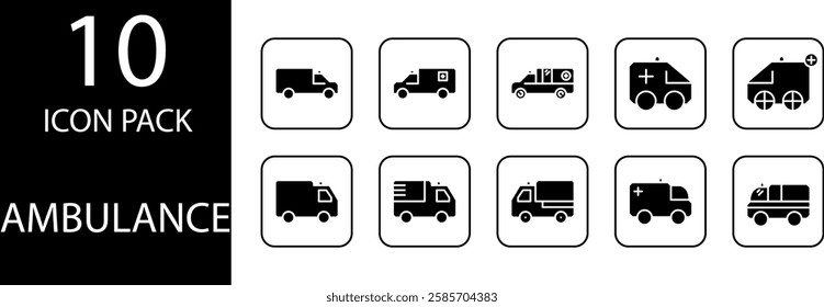 ambulance solid Editable Icons set, Solid health themed icon pack with simple yet effective design, ideal for emergency service application UI displays.