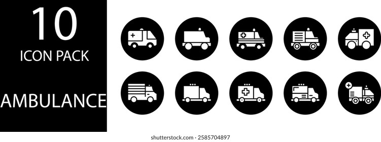 ambulance solid Editable Icons set, Editable solid ambulance icon pack with various visual elements relevant to the medical service industry.
