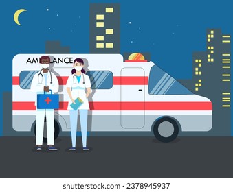 Personal de ambulancia y auto. Un par de médicos. Doctor con una bolsa de emergencia, ayudante. Turno de noche. Ilustración vectorial en un estilo plano