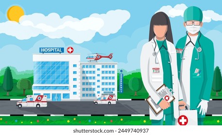 Ambulance staff concept. Hospital building, medical icon. Healthcare, hospital and medical diagnostics. Urgency and emergency services. Road, sky, tree. Car and helicopter. Flat vector illustration