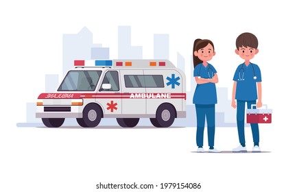 Ambulance staff. Couple of doctors. Vector illustration in a flat style