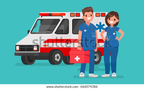 Ambulance staff. Couple of doctors. Vector\
illustration in a flat\
style