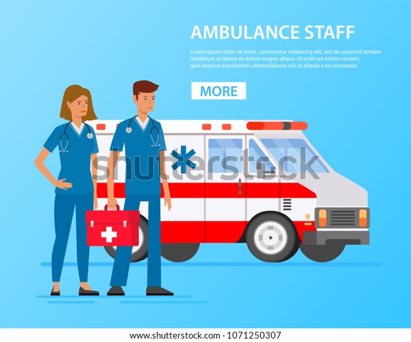 Ambulance staff. Doctor\
paramedic man and woman, ambulance car, Vector illustration in a\
flat style