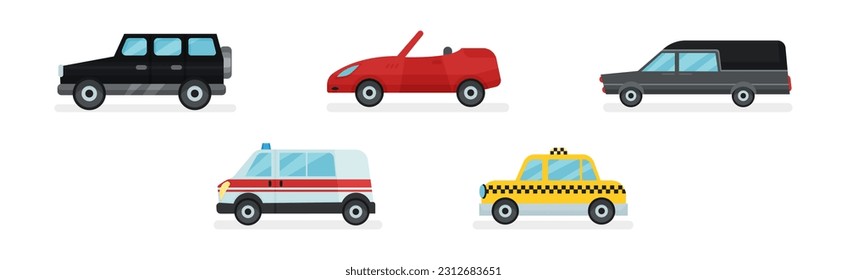 Ambulance, Taxi, Cabriolet and Truck as Cars and Wheeled Motor Vehicle Vector Set