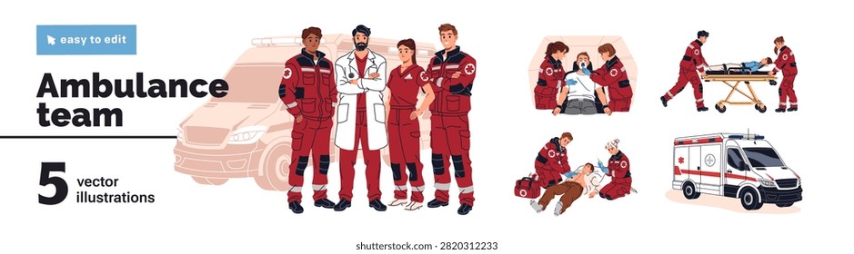 Ambulance team set. Paramedics rescue patients from emergency accidents. First aid crew with car. Doctors in red uniform hospitalize victim with stretcher. Flat isolated vector illustrations on white