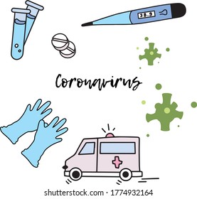 Ambulance. Thermometer and medicines. Coronavirus Protection Illustration Set