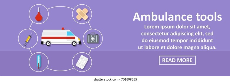 Ambulance tools banner horizontal concept. Flat illustration of ambulance tools banner horizontal vector concept for web