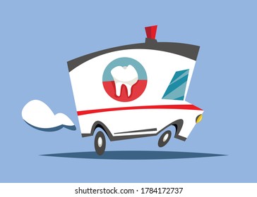 Ambulancia con ícono de diente de auto.  Dentistas en la carretera.  Ilustración vectorial plana.
