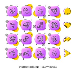 Ambulance transport, Cough and Umbrella line icons. App 3d buttons. Social media comment, share, like icons. Pack of Stress, Medical drugs, Coronavirus icon. Vector