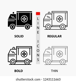 ambulance, truck, medical, help, van Icon in Thin, Regular, Bold Line and Glyph Style. Vector illustration
